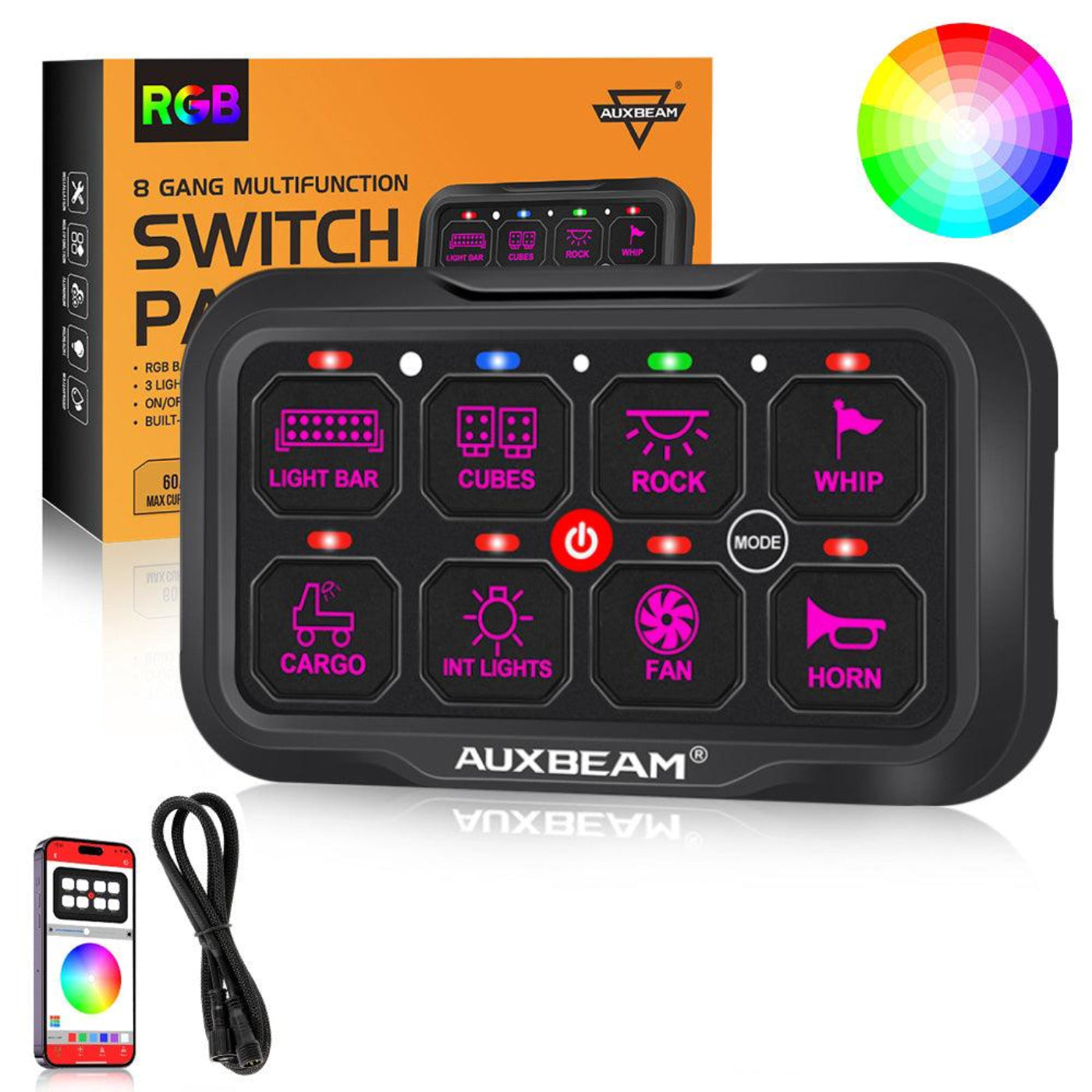 Auxbeam AR-800 RGB Switch Panel with APP+12 Inch 5D-PRO LED Light Bar, Toggle/ Momentary/ Pulsed Mode Supported - GP00012145