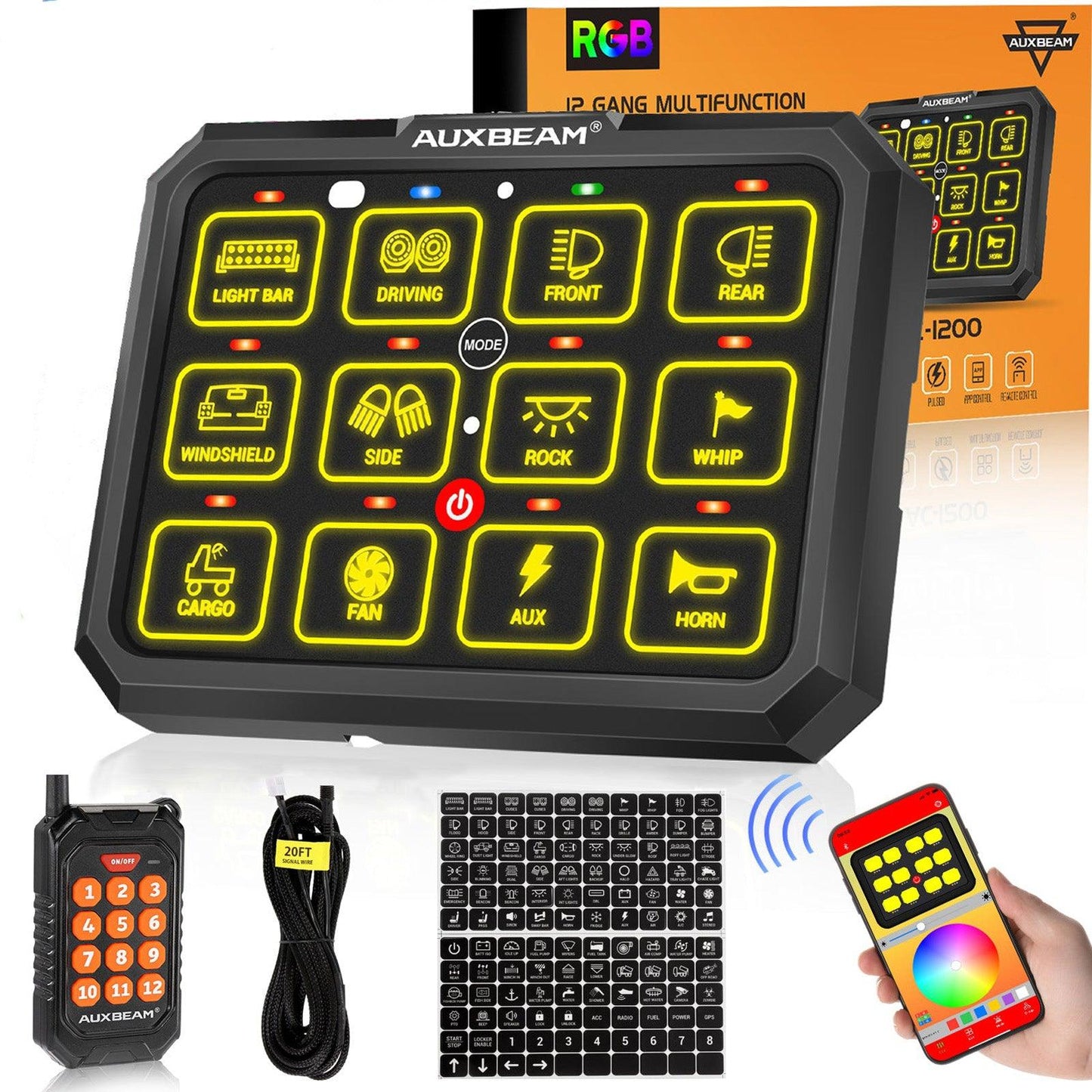 Auxbeam AC-1200 RGB Switch Panel with APP&Remote Control, Toggle/ Momentary/ Pulsed Mode Supported(One-Sided Outlet) - QP010273