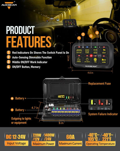 Auxbeam AR-800 RGB Switch Panel with APP+12 Inch 5D-PRO LED Light Bar, Toggle/ Momentary/ Pulsed Mode Supported - GP00012145