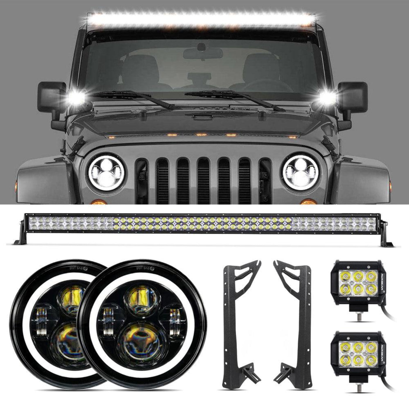 Auxbeam  07-17 Jeep JK - Mega Bundle, 7" LED Halo Headlights,52" 300W Straight LED Light Bar&Windshield Mounting Brackets, 18W Pods light - GP00007587