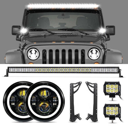 Auxbeam  07-17 Jeep JK - Mega Bundle, 7" LED Halo Headlights,52" 300W Straight LED Light Bar&Windshield Mounting Brackets, 18W Pods light - GP00007587
