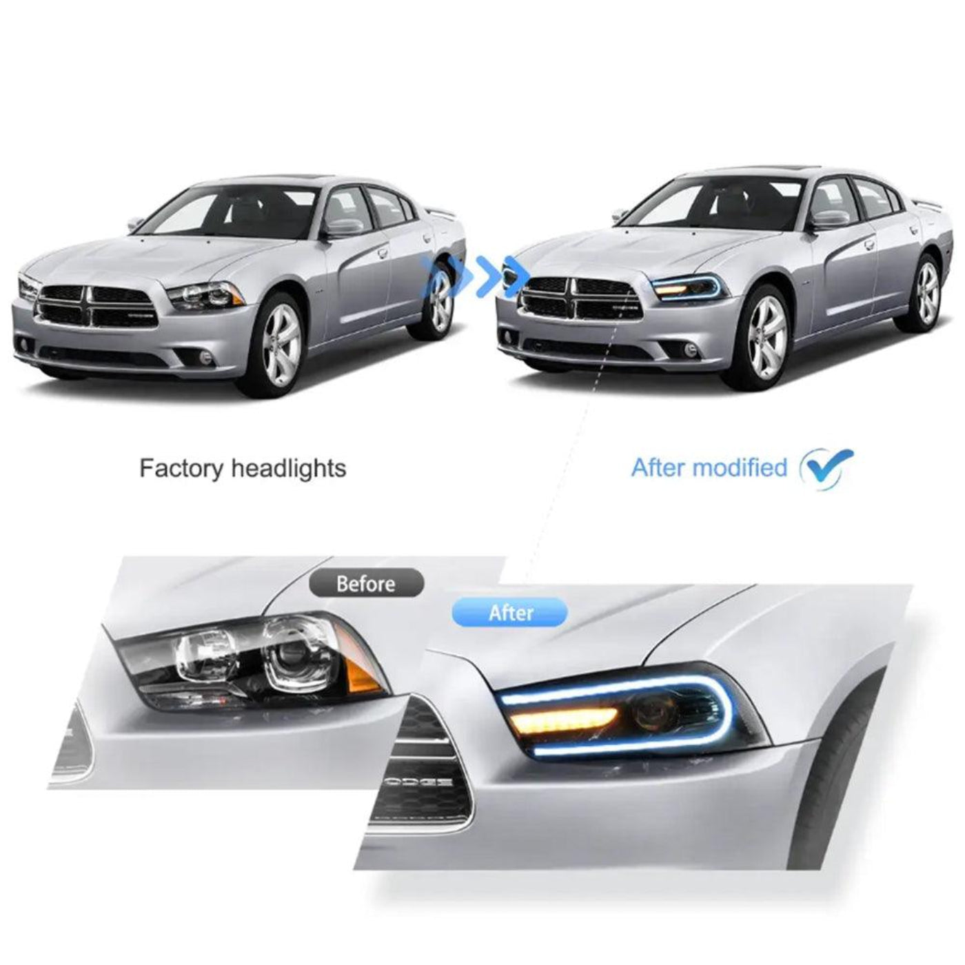 Auxbeam LED Headlight Assembly RGB Dual Beam Projector Black For 2011-2014 Dodge Charger(LD) - GD002676