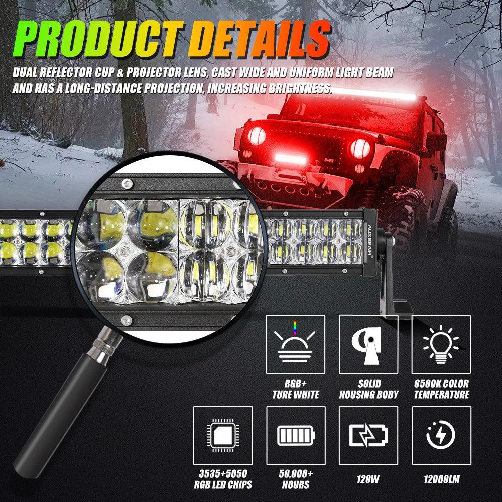 Auxbeam New 52 Inch V-PRO Series Curved RGBW Color Changing Off Road Led Light Bar & RGB LED Rock Light Set Combo - GP00009693