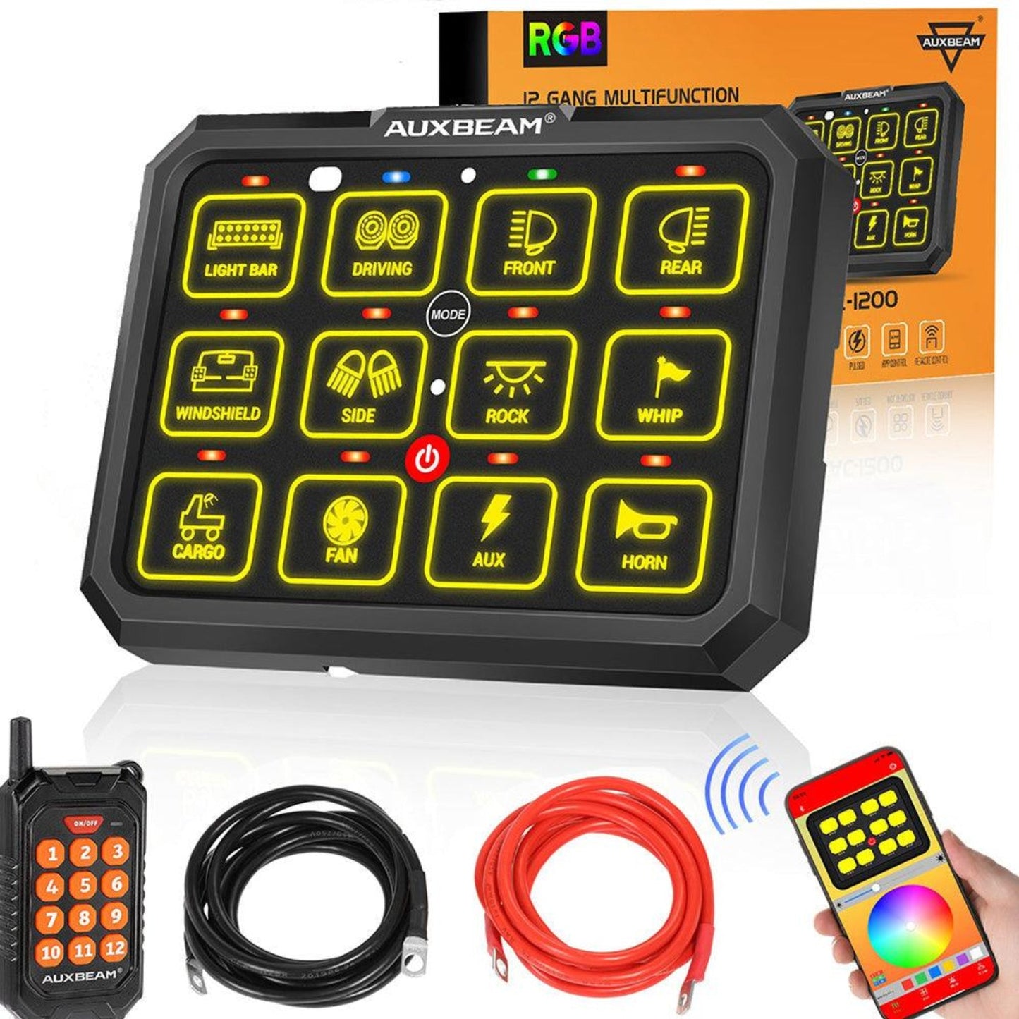 Auxbeam AC-1200 RGB Switch Panel with APP&Remote Control, Toggle/ Momentary/ Pulsed Mode Supported(One-Sided Outlet) - QP010273