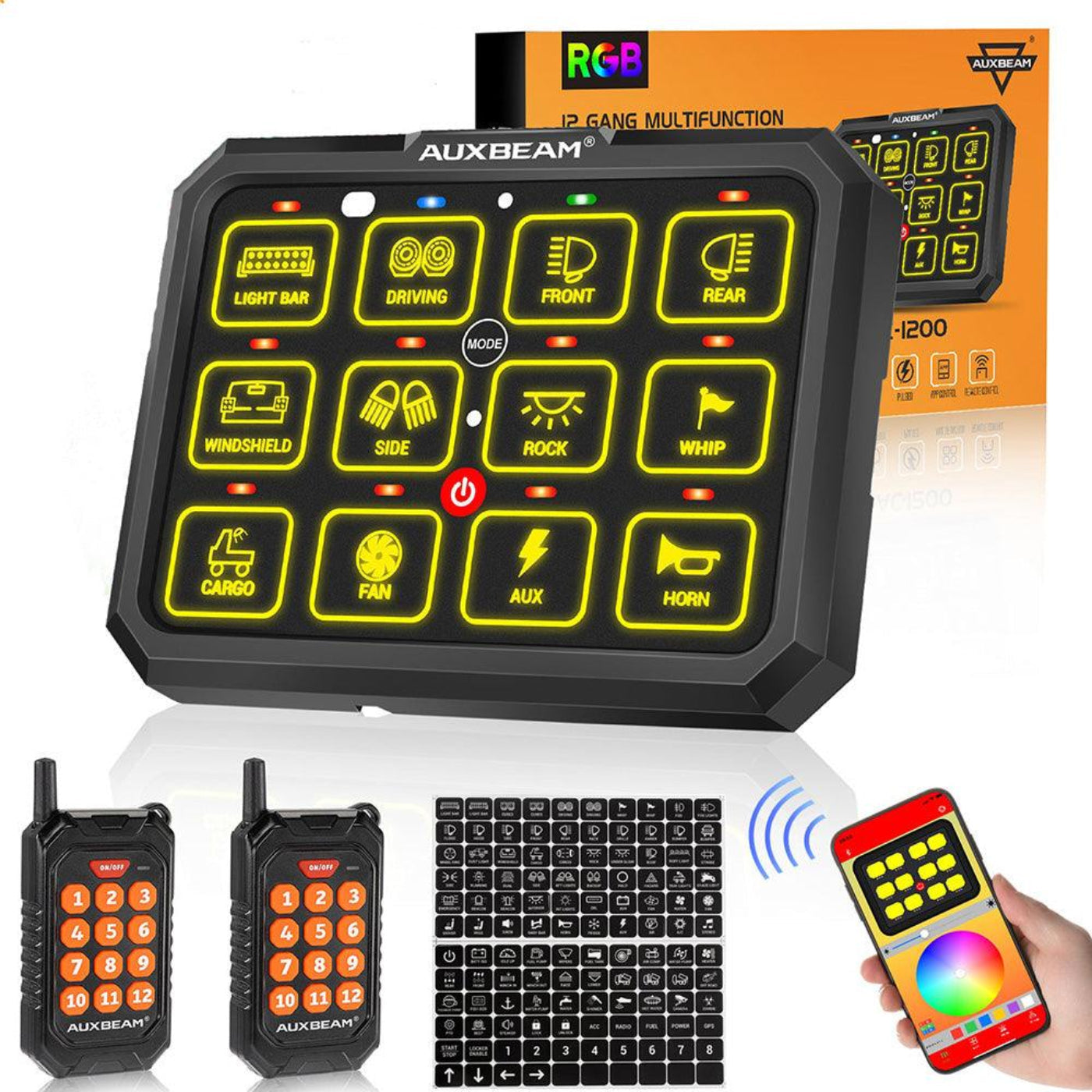 Auxbeam AC-1200 RGB Switch Panel with APP&Remote Control, Toggle/ Momentary/ Pulsed Mode Supported(One-Sided Outlet) - QP010273