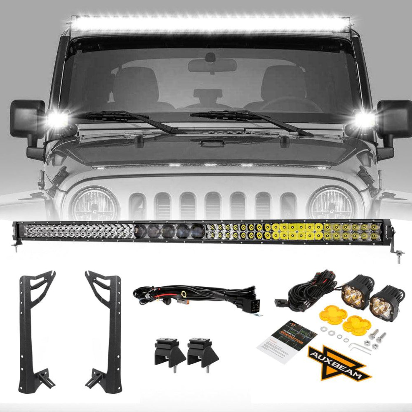 Auxbeam 52" 5D-PRO LED Light Bar & 3"LED PODS & 2 IN 1 Design Windshield Mounting Brackets For Jeep Wrangler JK 2007~2017 - GP00007524
