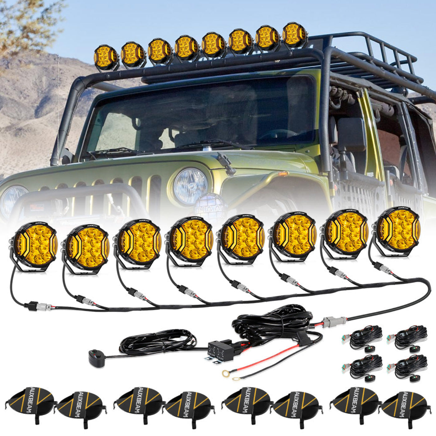 Auxbeam V-ULTRA Series 6/8 Pcs 5 Inch 172W LED Side Shooter Amber DRL with Power Harness - GP00011308