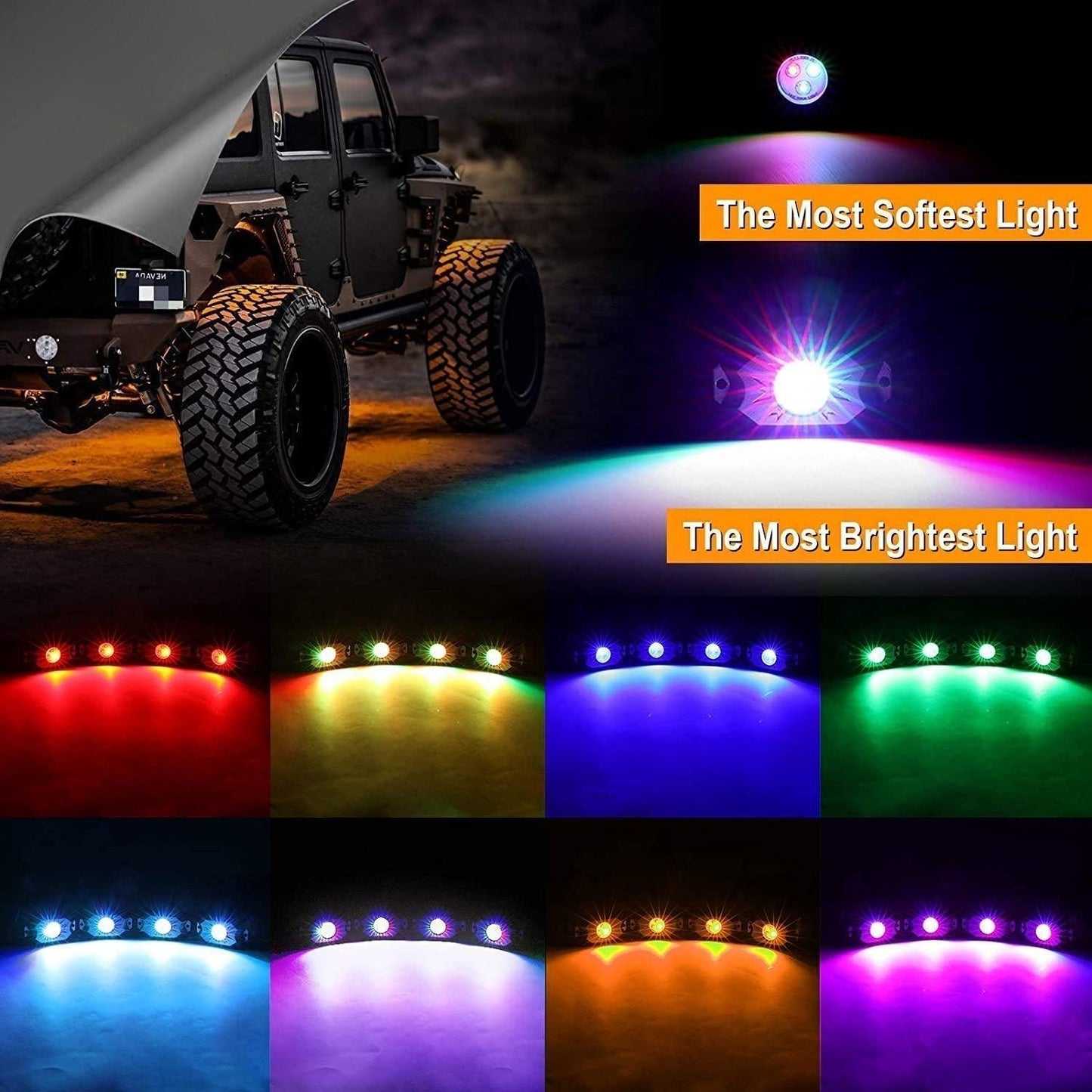 Auxbeam New 52 Inch V-PRO Series Curved RGBW Color Changing Off Road Led Light Bar & RGB LED Rock Light Set Combo - GP00009693