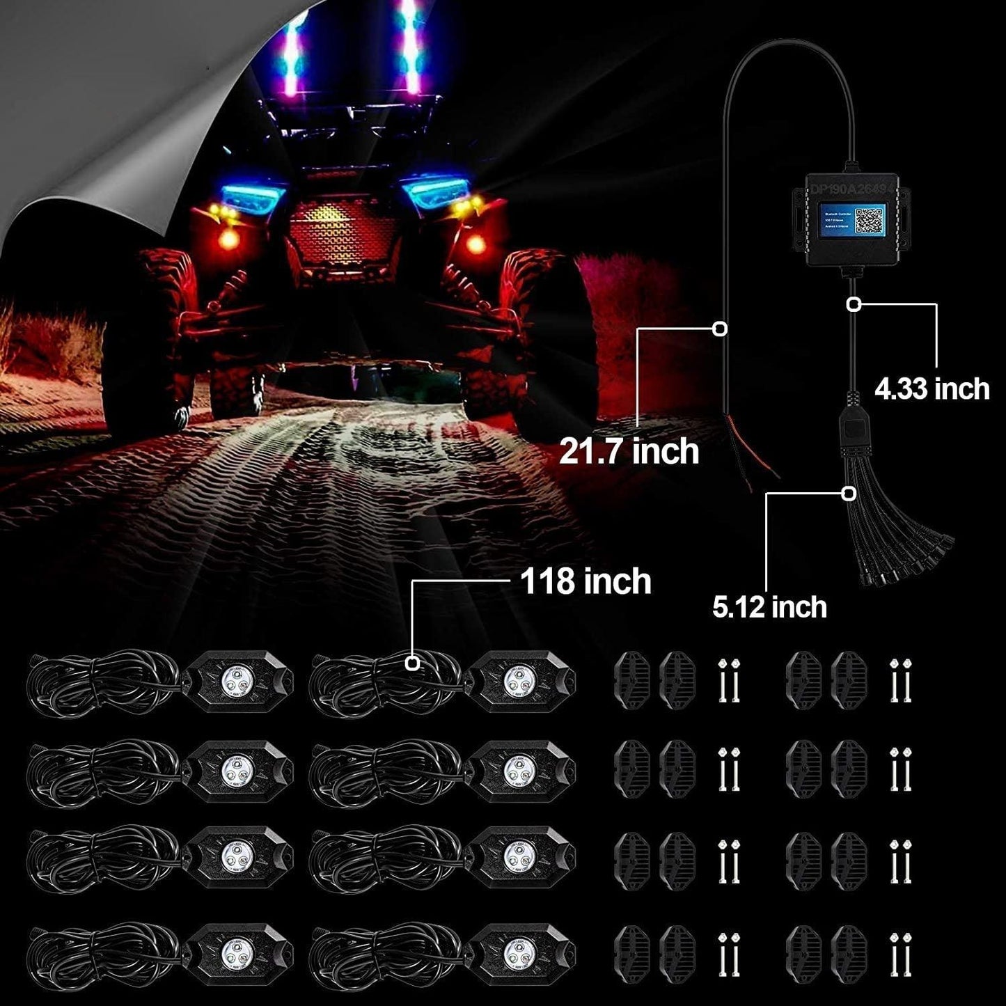 Auxbeam New 52 Inch V-PRO Series Curved RGBW Color Changing Off Road Led Light Bar & RGB LED Rock Light Set Combo - GP00009693