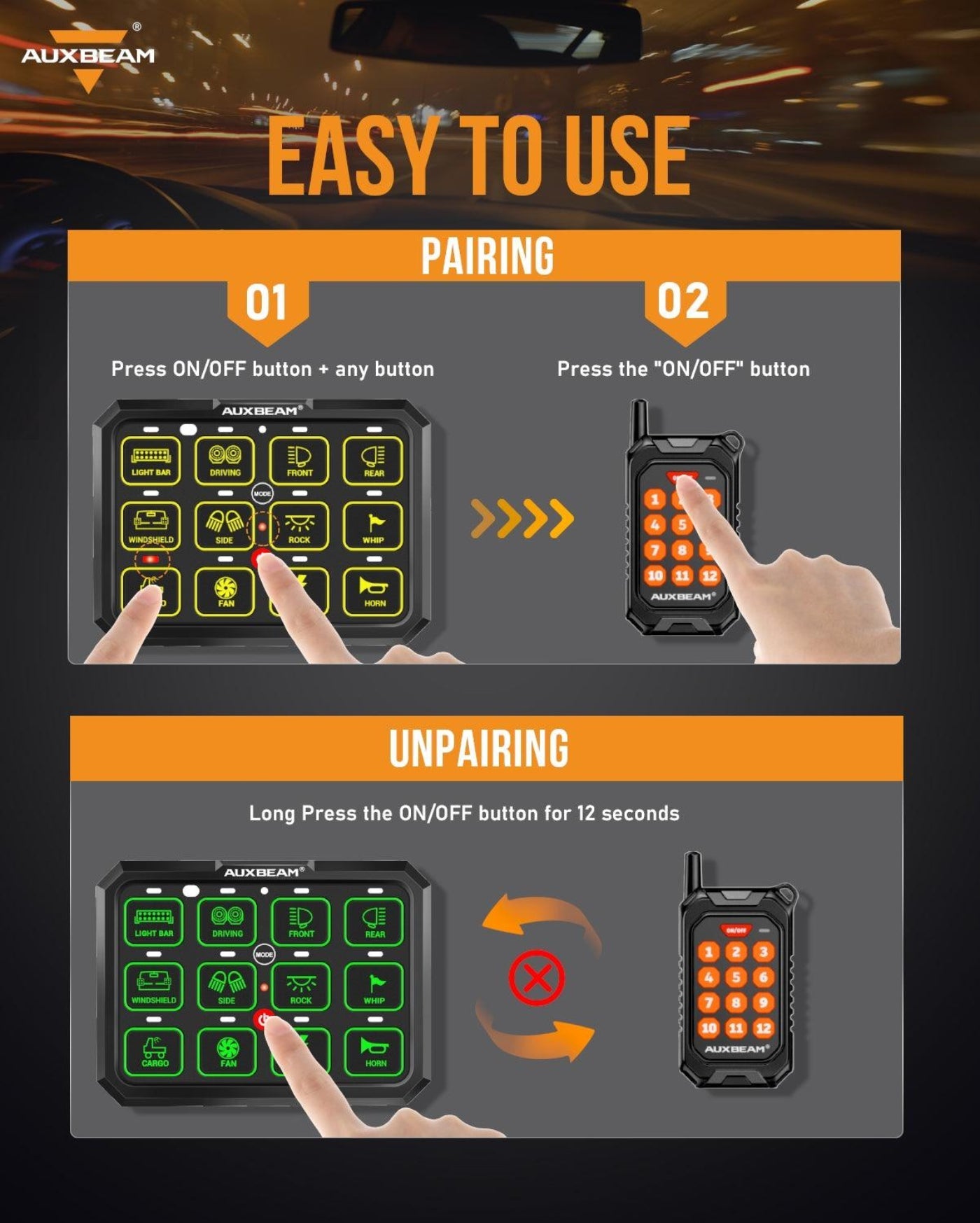 Auxbeam AC-1200 RGB Switch Panel with APP&Remote Control, Toggle/ Momentary/ Pulsed Mode Supported(One-Sided Outlet) - QP010273