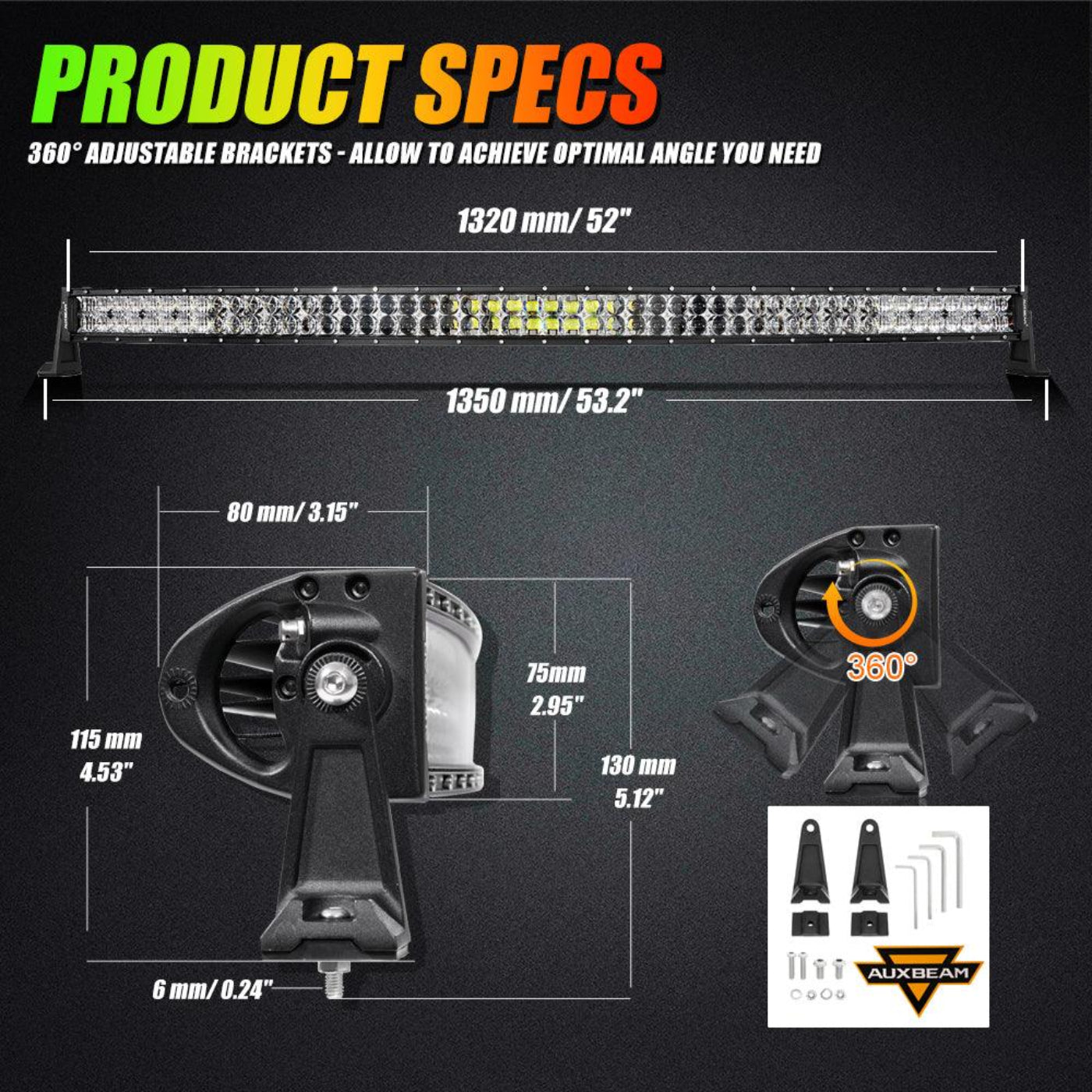 Auxbeam New 52 Inch V-PRO Series Curved RGBW Color Changing Off Road Led Light Bar & RGB LED Rock Light Set Combo - GP00009693