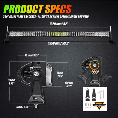 Auxbeam New 52 Inch V-PRO Series Curved RGBW Color Changing Off Road Led Light Bar & RGB LED Rock Light Set Combo - GP00009693
