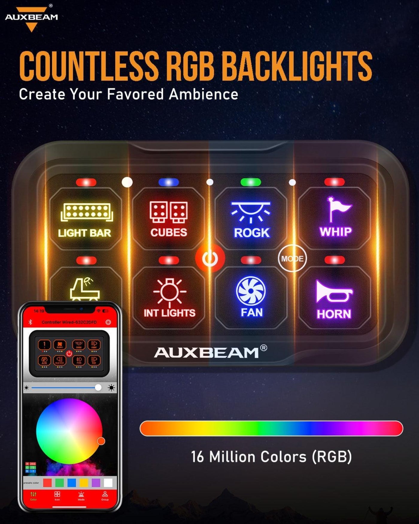 Auxbeam AR-800 RGB Switch Panel with APP+12 Inch 5D-PRO LED Light Bar, Toggle/ Momentary/ Pulsed Mode Supported - GP00012145