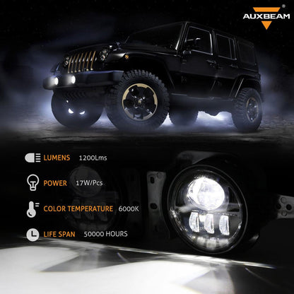 Auxbeam 9'' Round 100W LED Headlights with DRL & 4 Inch 30W LED Fog Lights with Adapter Ring for Jeep Wrangler JL 2018-2019 - GP00007533