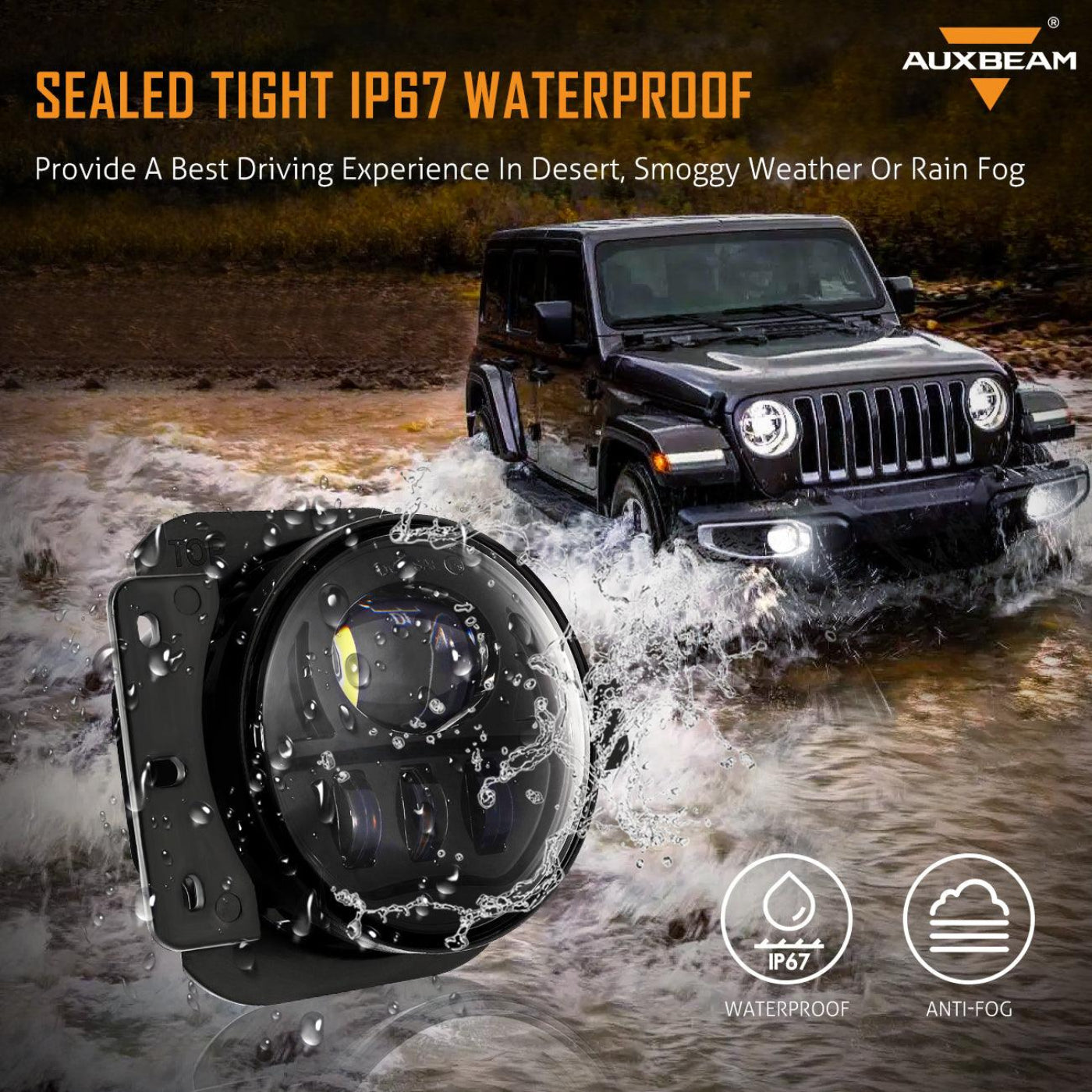 Auxbeam 9'' Round 100W LED Headlights with DRL & 4 Inch 30W LED Fog Lights with Adapter Ring for Jeep Wrangler JL 2018-2019 - GP00007533