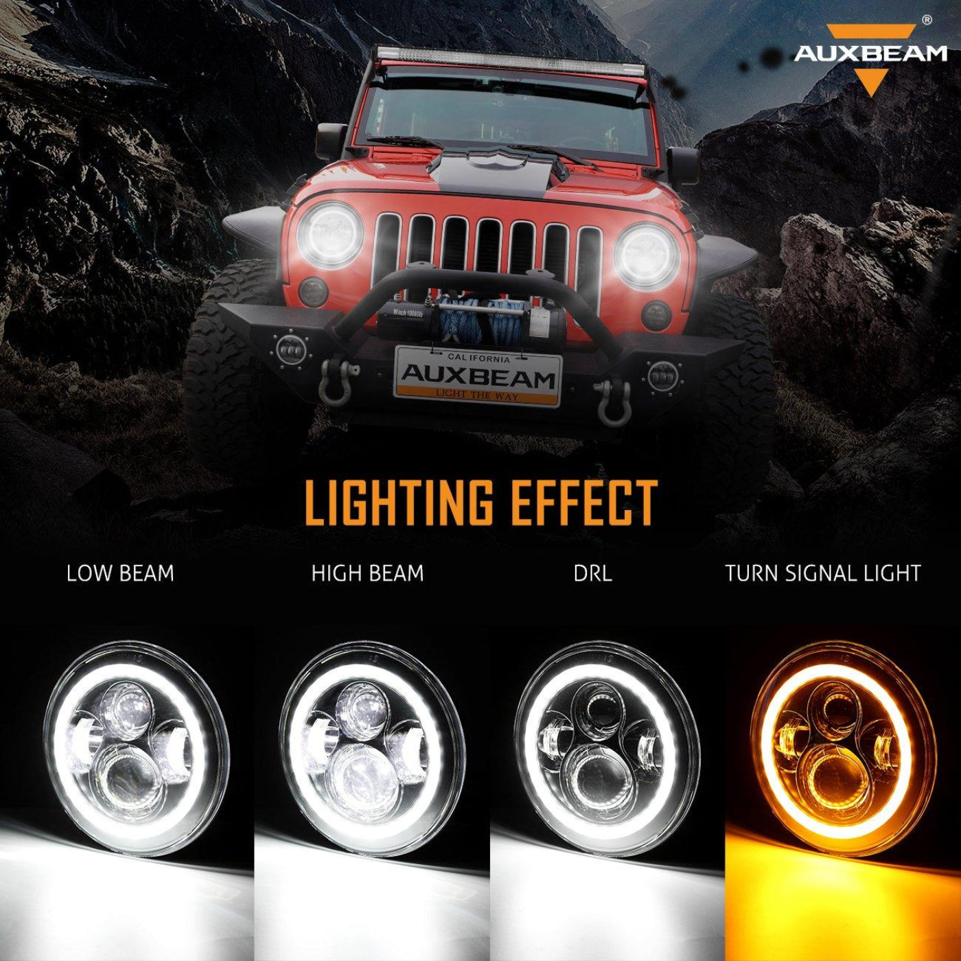 Auxbeam 7" LED Halo Headlights + 5D-PRO 52" Straight LED Light Bar + Windshield Mounting Brackets + 18W Flood Beam Pod Lights Set for Jeep Wrangler TJ - GP00007758