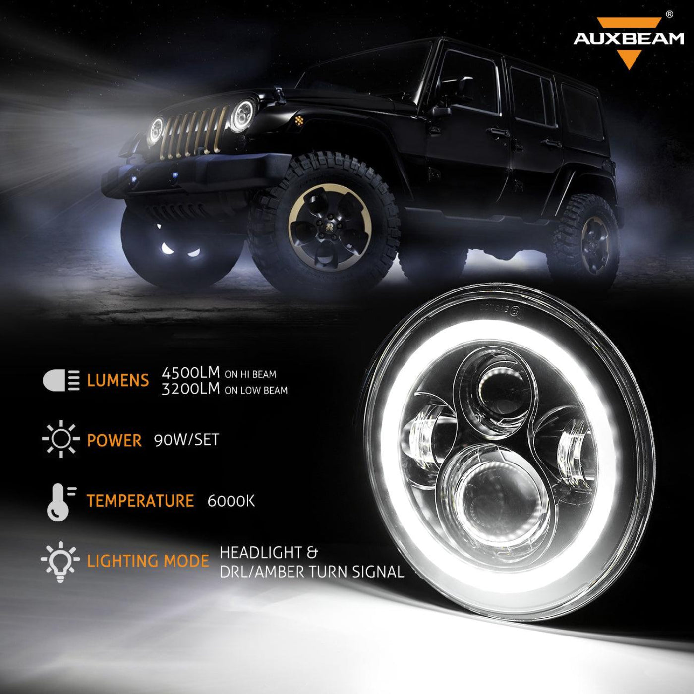 Auxbeam 7" LED Halo Headlights+5D-PRO 52" Straight LED Light Bar+Windshield Mounting Brackets 18W Pod Lights Set for Jeep Wrangler TJ - GP00007757