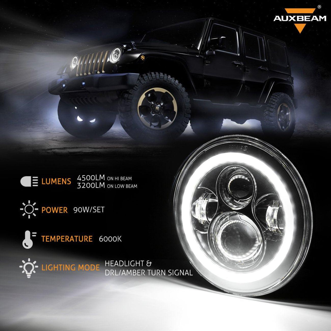 Auxbeam 7" LED Halo Headlights + 5D-PRO 52" Straight LED Light Bar + Windshield Mounting Brackets + 18W Flood Beam Pod Lights Set for Jeep Wrangler TJ - GP00007758