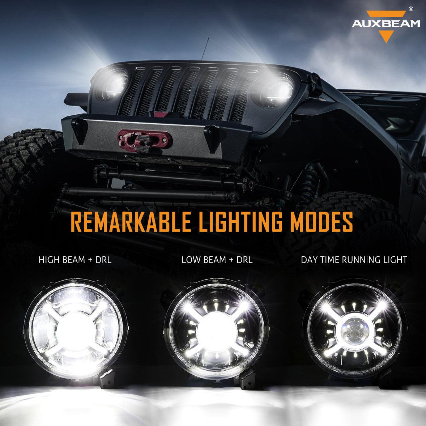 Auxbeam 9'' Round 100W LED Headlights with DRL & 4 Inch 30W LED Fog Lights with Adapter Ring for Jeep Wrangler JL 2018-2019 - GP00007533