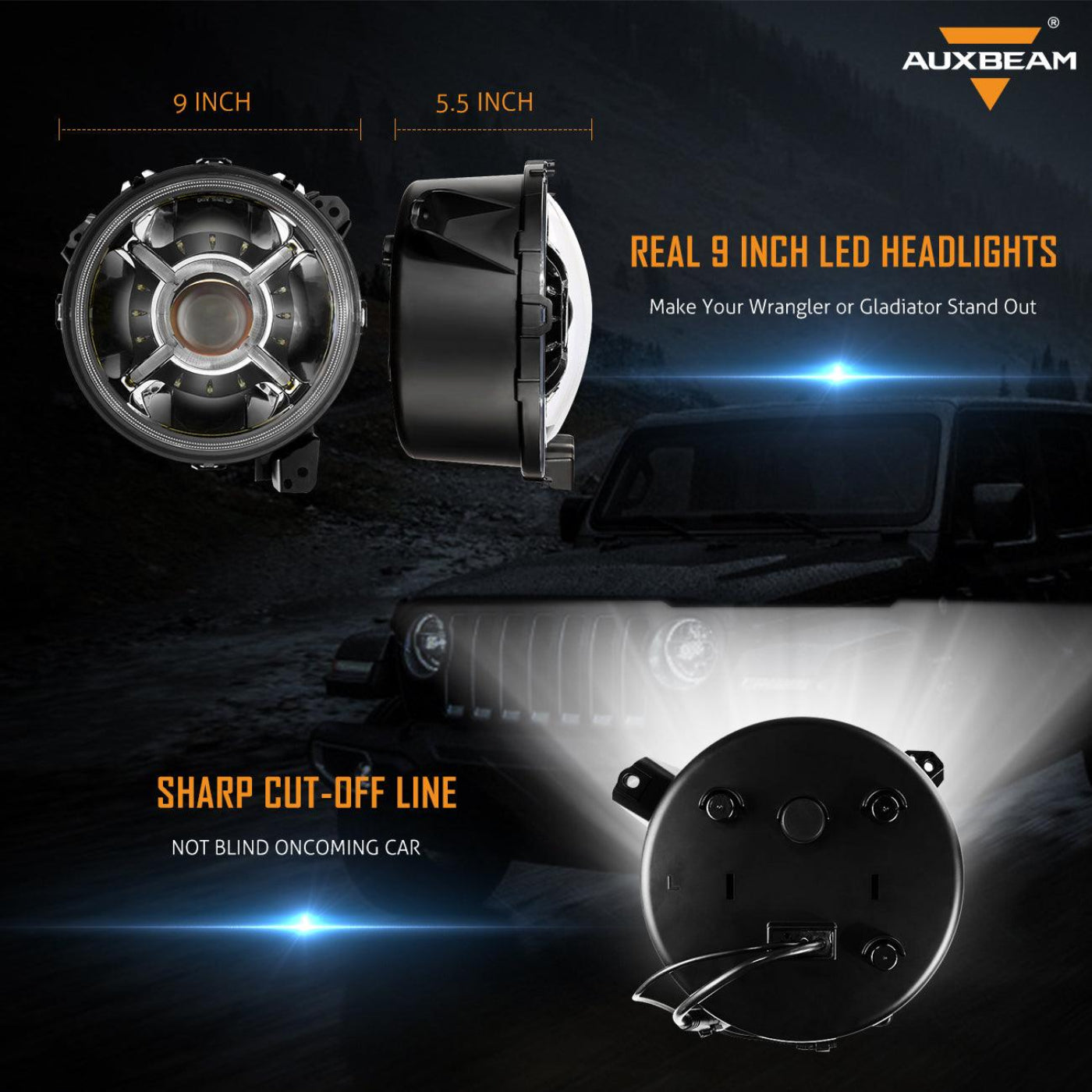 Auxbeam 9'' Round 100W LED Headlights with DRL & 4 Inch 30W LED Fog Lights with Adapter Ring for Jeep Wrangler JL 2018-2019 - GP00007533