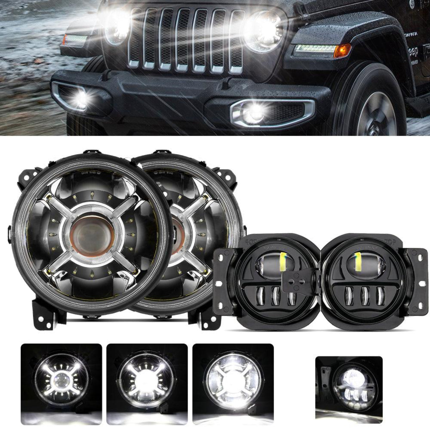 Auxbeam 9'' Round 100W LED Headlights with DRL & 4 Inch 30W LED Fog Lights with Adapter Ring for Jeep Wrangler JL 2018-2019 - GP00007533