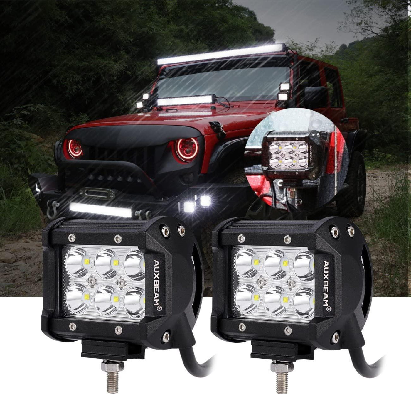 Auxbeam  07-17 Jeep JK - Mega Bundle, 7" LED Halo Headlights,52" 300W Straight LED Light Bar&Windshield Mounting Brackets, 18W Pods light - GP00007587