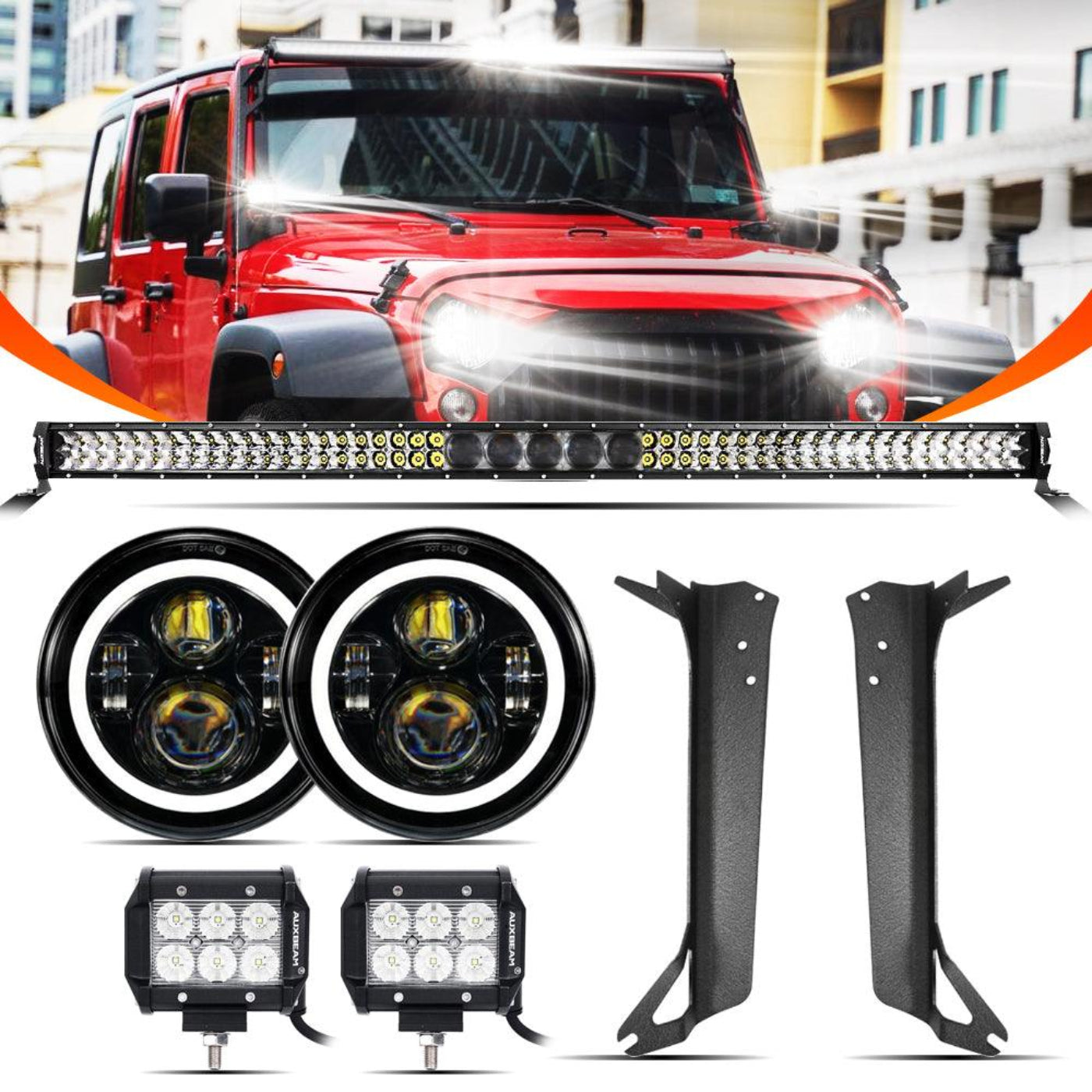 Auxbeam 7" LED Halo Headlights + 5D-PRO 52" Straight LED Light Bar + Windshield Mounting Brackets + 18W Flood Beam Pod Lights Set for Jeep Wrangler TJ - GP00007758