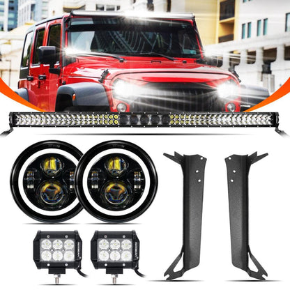 Auxbeam 7" LED Halo Headlights + 5D-PRO 52" Straight LED Light Bar + Windshield Mounting Brackets + 18W Flood Beam Pod Lights Set for Jeep Wrangler TJ - GP00007758