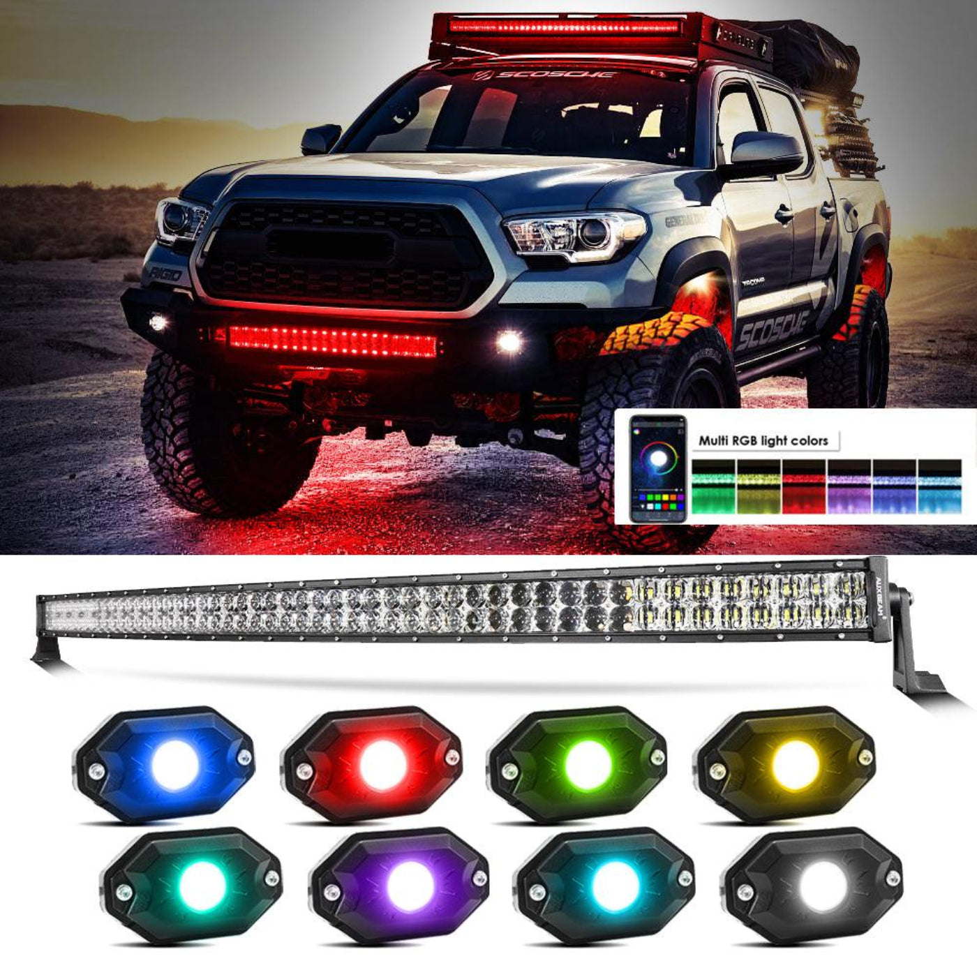 Auxbeam New 52 Inch V-PRO Series Curved RGBW Color Changing Off Road Led Light Bar & RGB LED Rock Light Set Combo - GP00009693