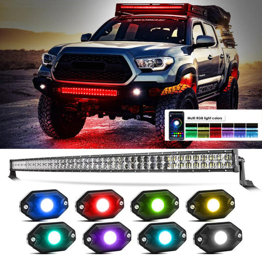 Auxbeam New 52 Inch V-PRO Series Curved RGBW Color Changing Off Road Led Light Bar & RGB LED Rock Light Set Combo - GP00009693