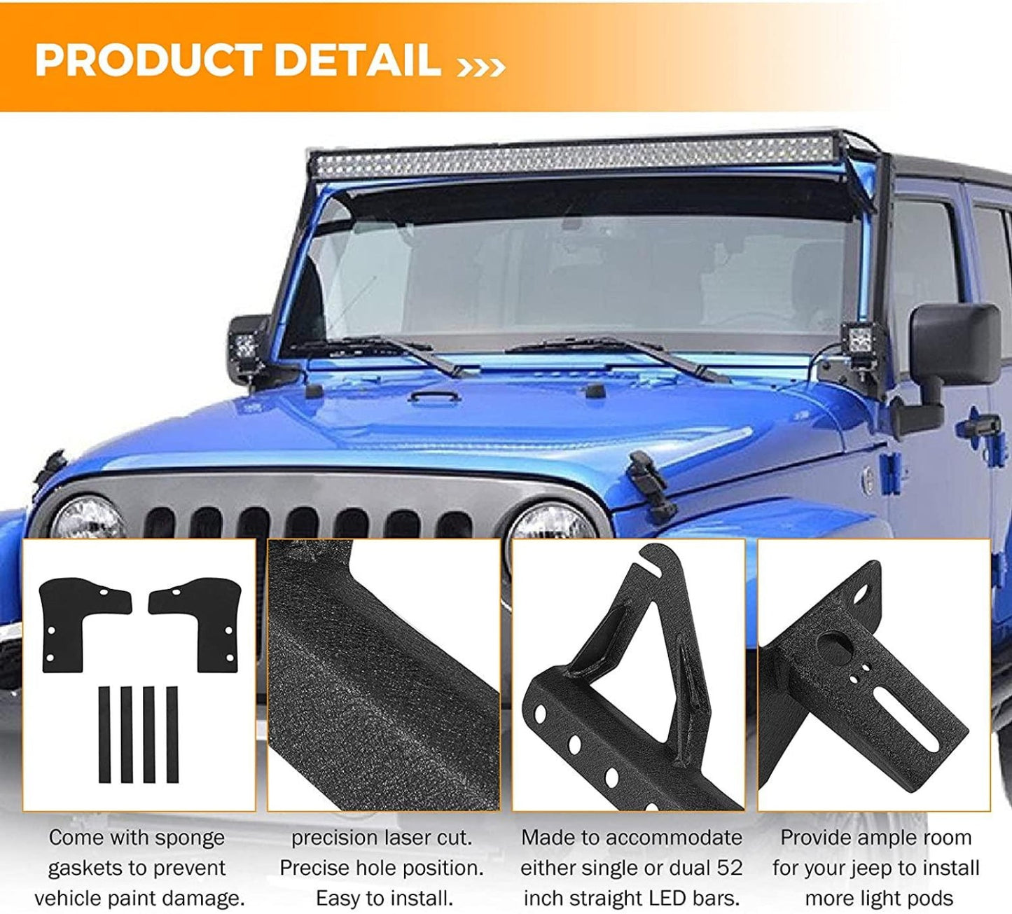 Auxbeam 52" 5D-PRO LED Light Bar & 3"LED PODS & 2 IN 1 Design Windshield Mounting Brackets For Jeep Wrangler JK 2007~2017 - GP00007524