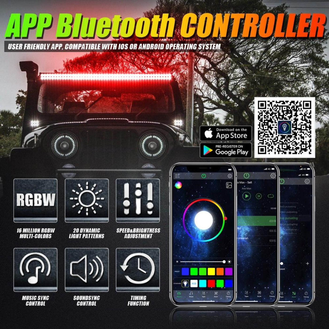 Auxbeam New 52 Inch V-PRO Series Curved RGBW Color Changing Off Road Led Light Bar & RGB LED Rock Light Set Combo - GP00009693